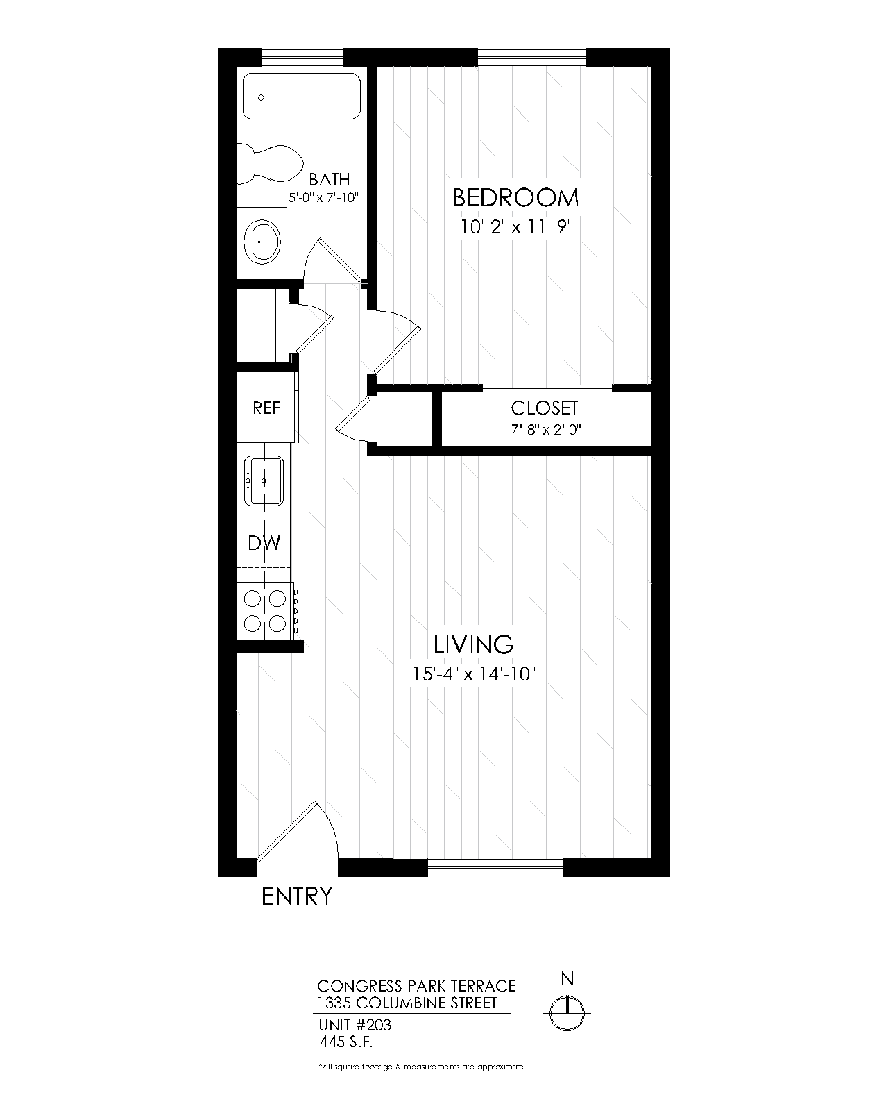 Floor plan for 1 bed, 1 bath, 450 sqft